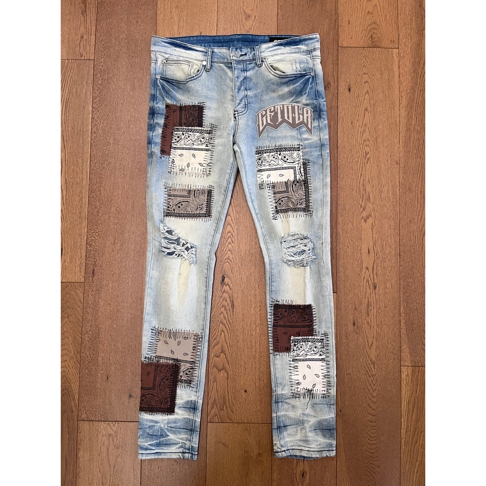 GFTD Los Angeles Skinny Jeans Mens 35x31.5 Light Blue Patchwork Distressed
